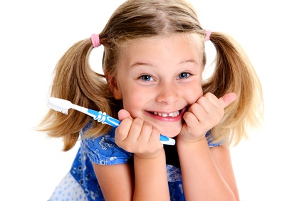funny girl with space width and toothbrush